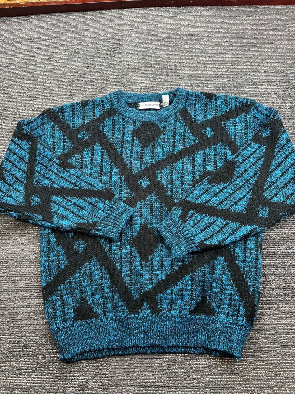 Saturdays Vintage Mens L Teal Black Abstract Knit Crewneck Sweater Made Korea